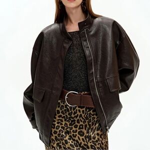 RoseLingLing Oversized Faux Leather Moto bomber Jacket Brown xs